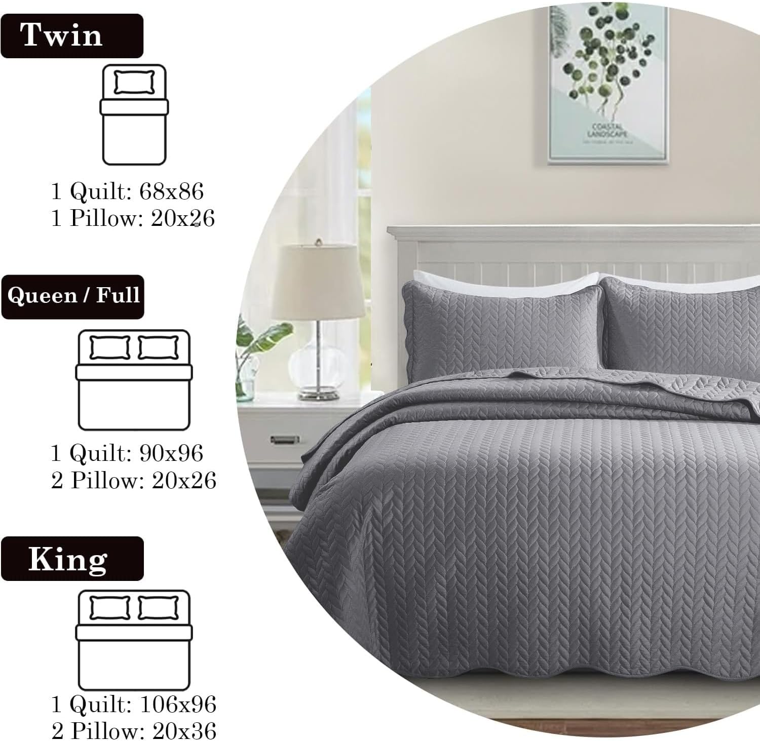 IR Imperial Rooms Queen Quilt Bedding Set 90x96 Grey