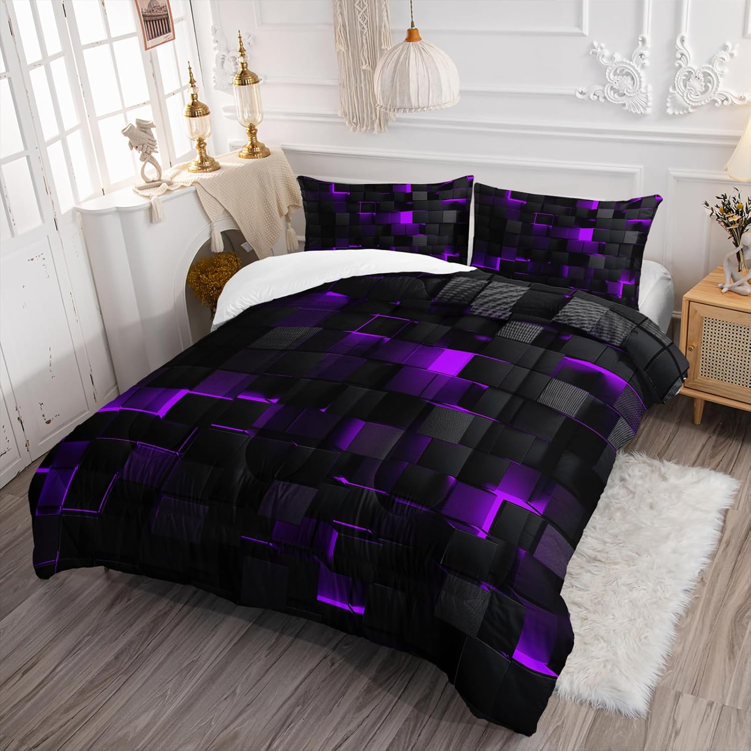 Nttopship Geometric Violet Comforter Set 3-Piece