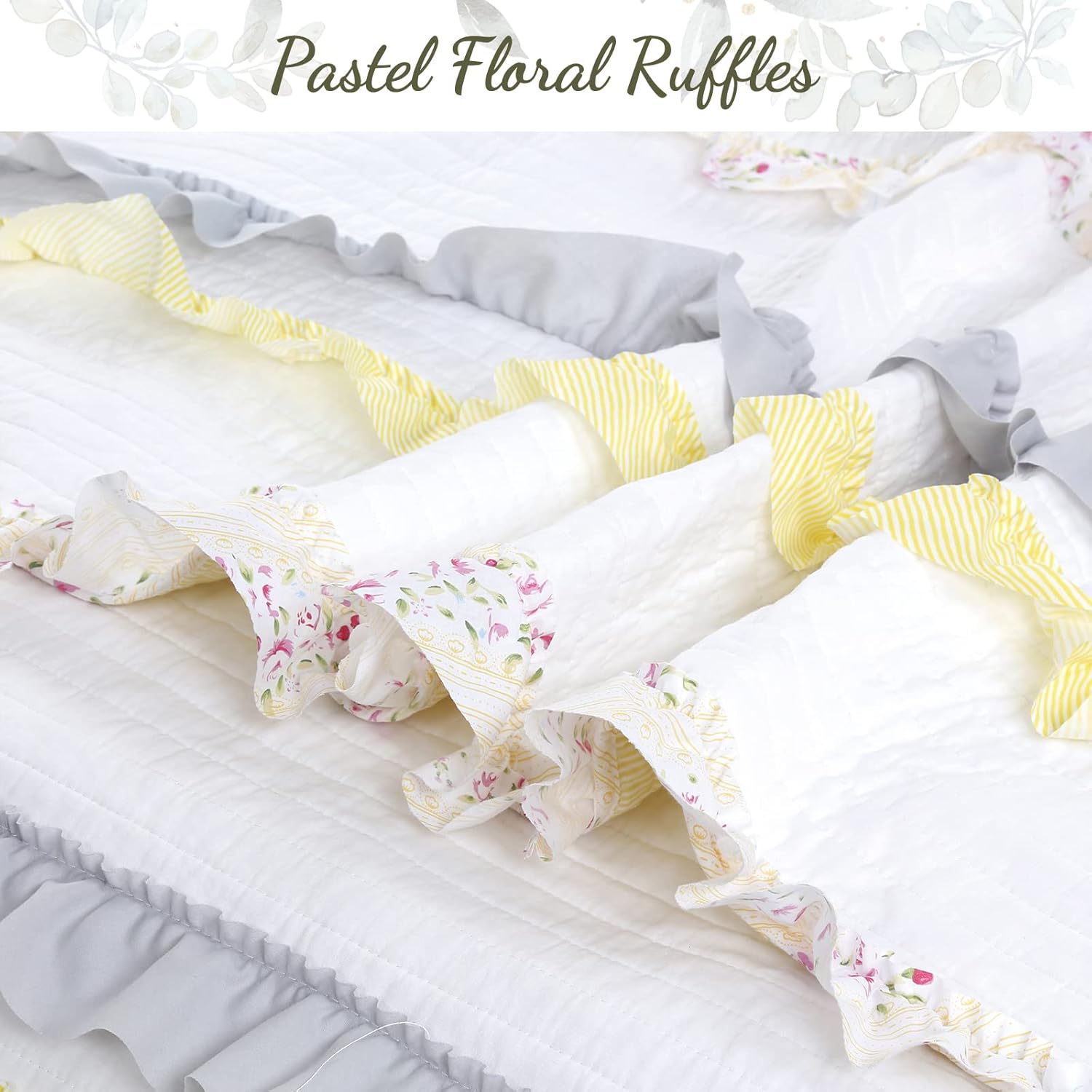 Cozy Line Light Yellow Blue Ruffle Stripe Quilt Bedding Set Queen 3 Piece