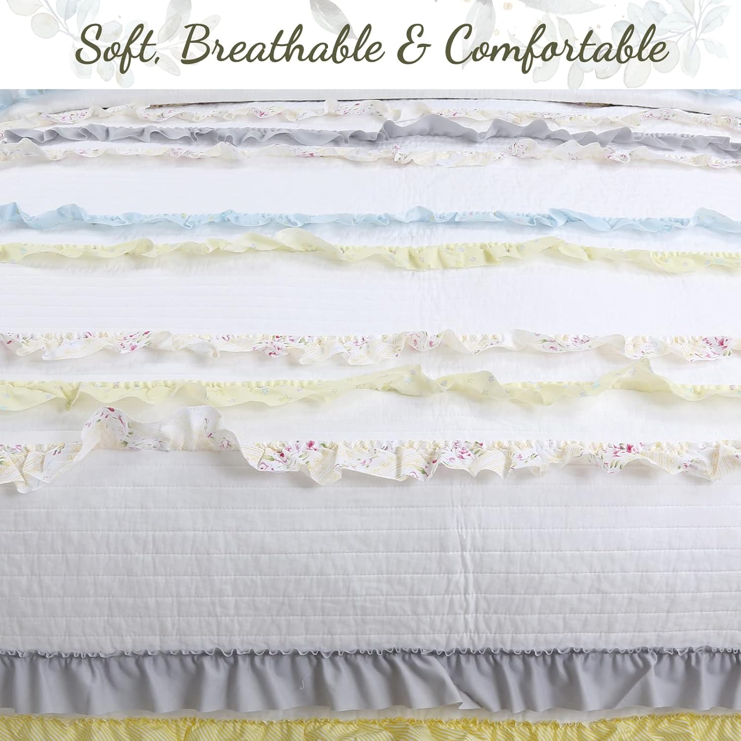 Cozy Line Light Yellow Blue Ruffle Stripe Quilt Bedding Set Queen 3 Piece