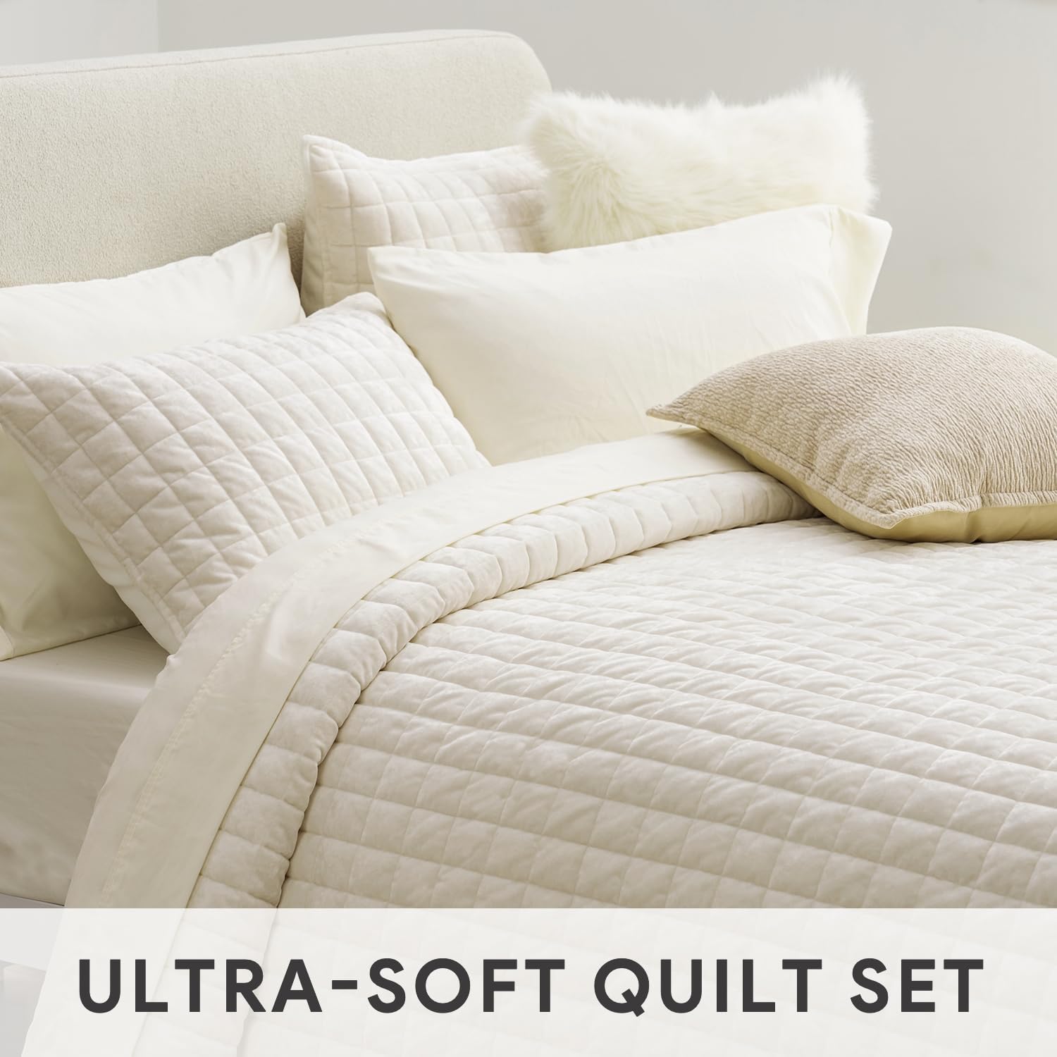 RECYCO Luxury Velvet Quilt Set King Size Cream White