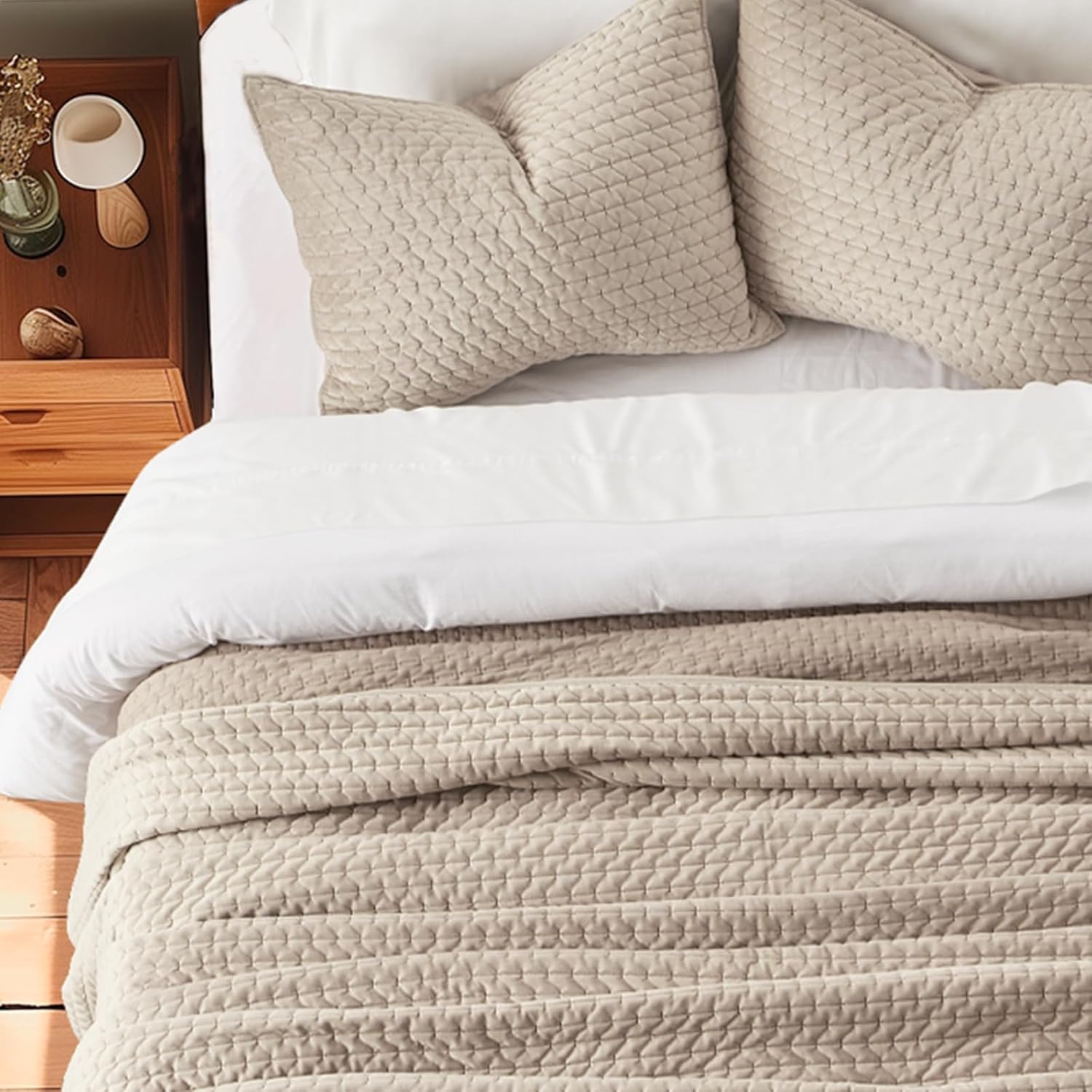 EVERGRACE Velvet Quilt Set King Size 3 Piece Light Taupe