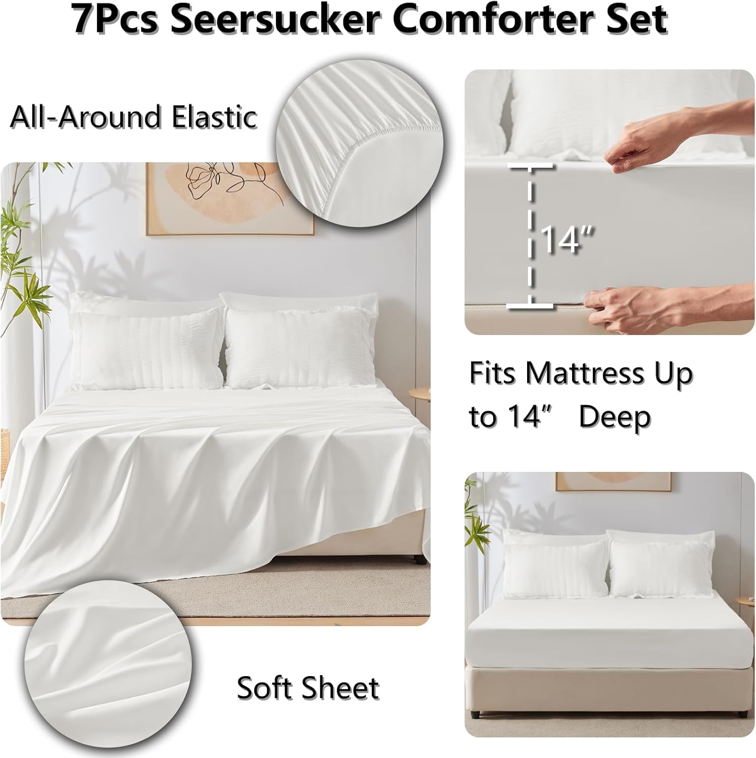 CozyLux White Seersucker King Comforter Set 7-Piece Bed in a Bag