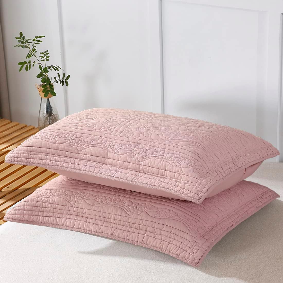 WINLIFE Cotton Quilted Pillow Sham Dusty Pink