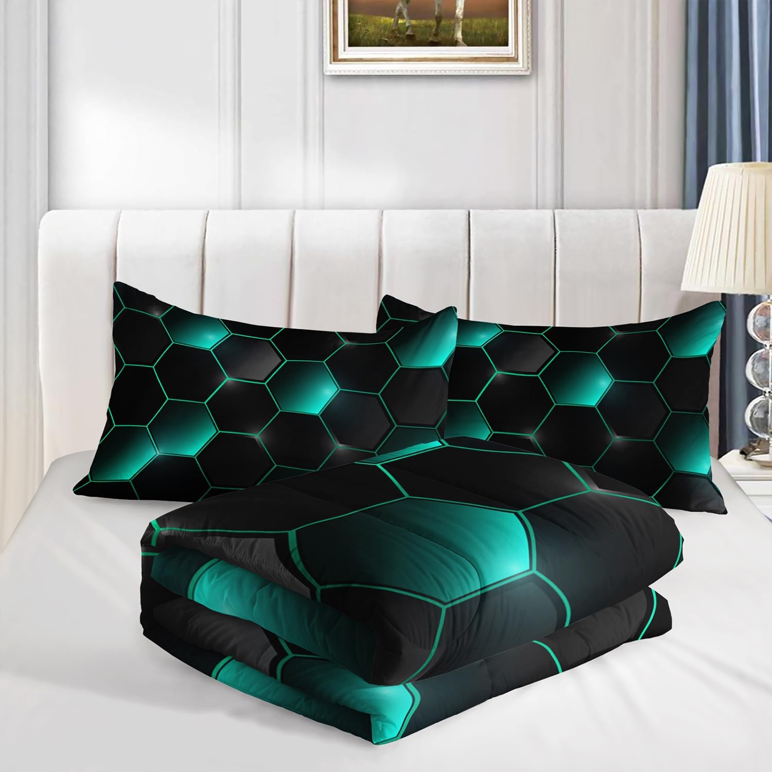 Geometric Black Green Neon Comforter Set 3 Piece