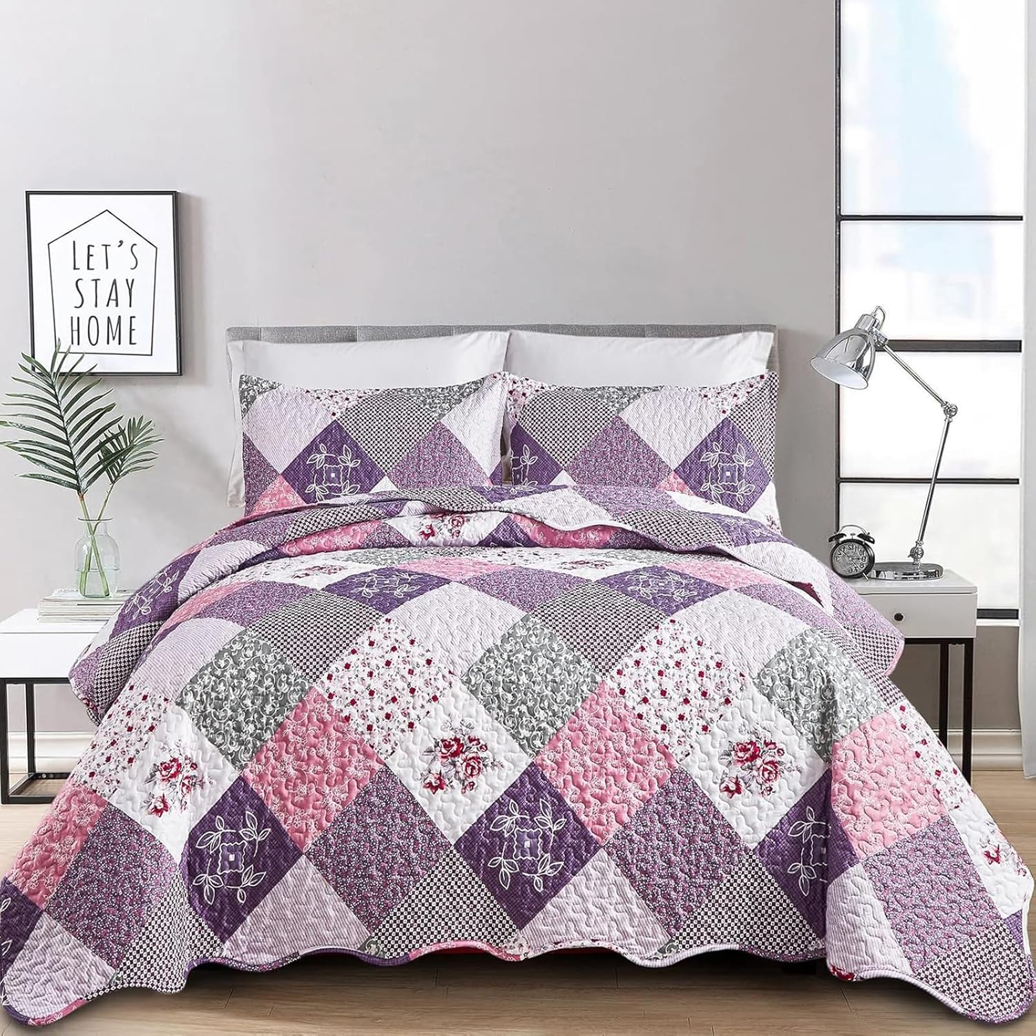 Dinjoy Purple Floral Quilt Set Cal King Size