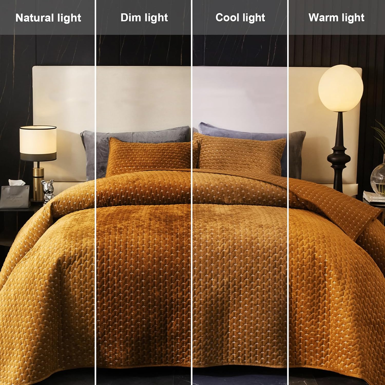 Powdion Velvet Quilt Set King Size Gold Caramel