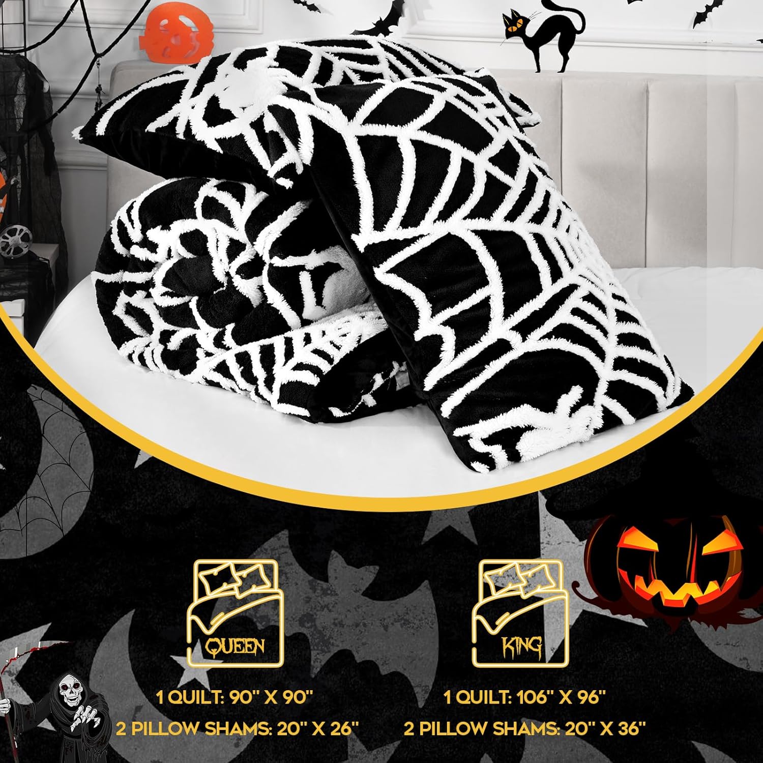 Yinhua Halloween Queen Comforter Set with Spider Web Design