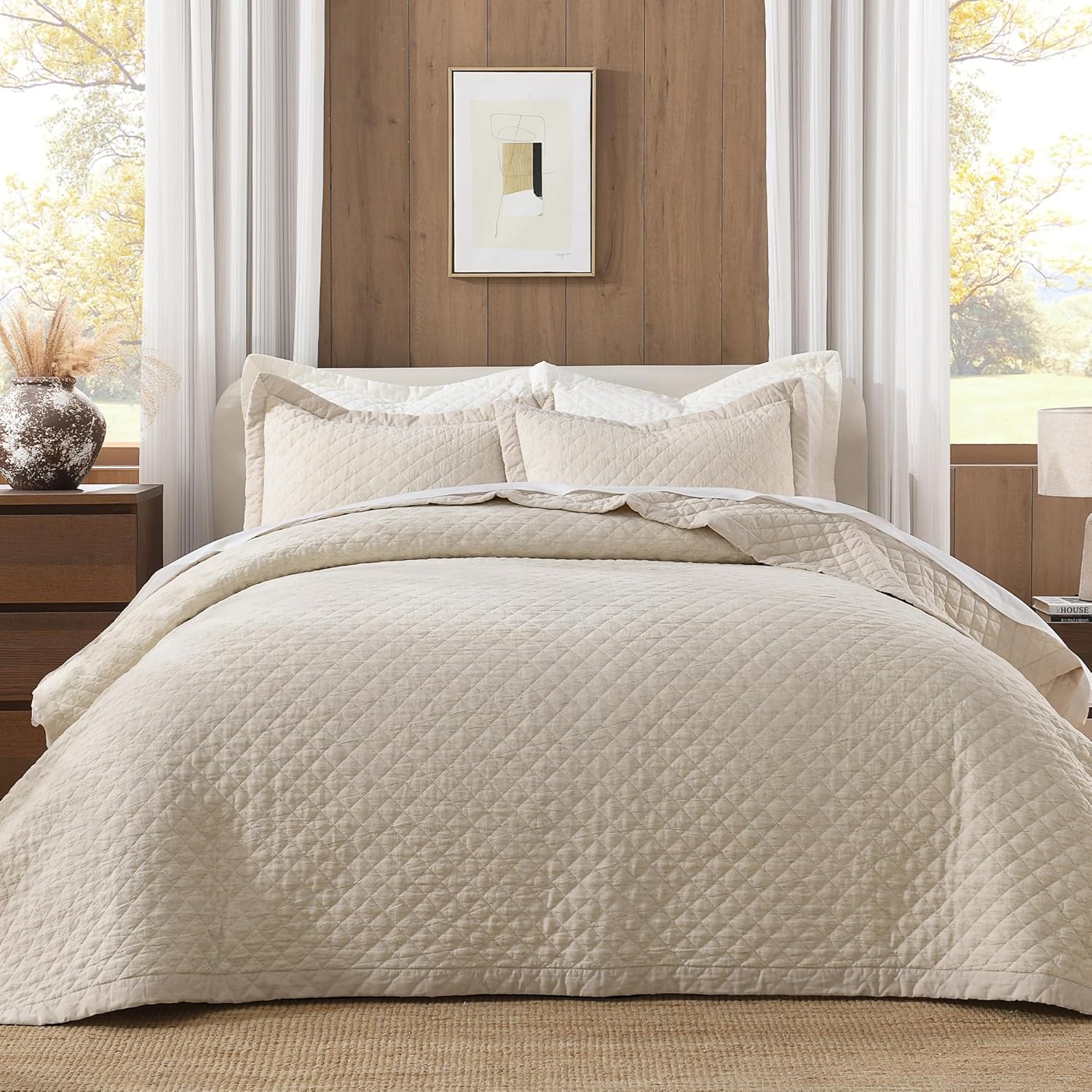 Grassix Queen Linen Front Cotton Back Quilt Set 3 Piece