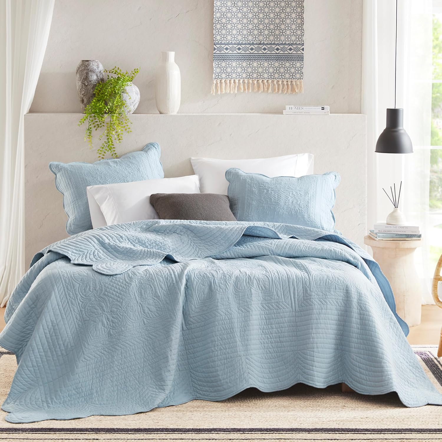 Madison Park King Quilt Set with Damask Coverlet Scallop Edge