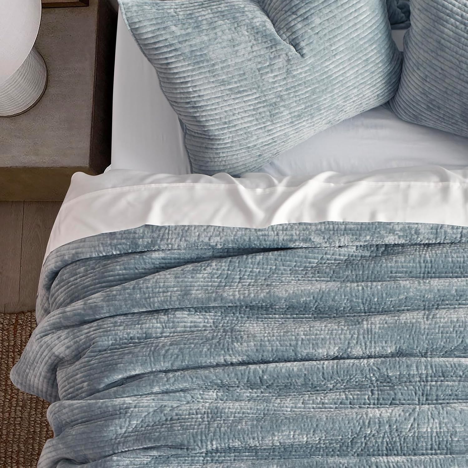 EVERGRACE Velvet Quilt Set King Size - Blue Linen