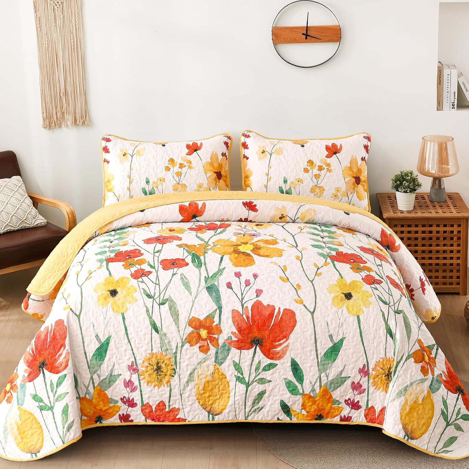Anibedding Yellow Floral Quilt Set King Size