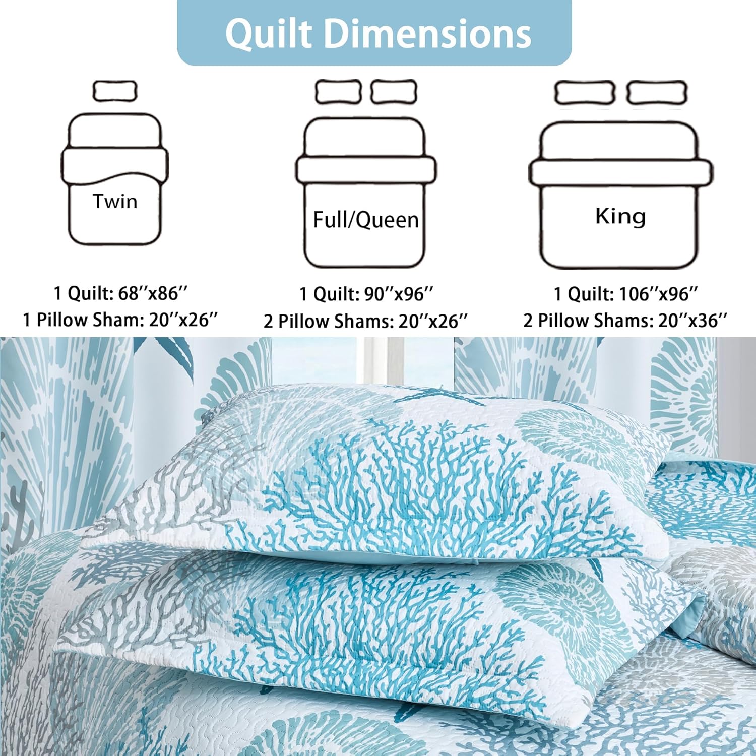 Tritard 3 Piece Coastal Quilt Set FullQueen - Reversible Microfiber with 2 Shams