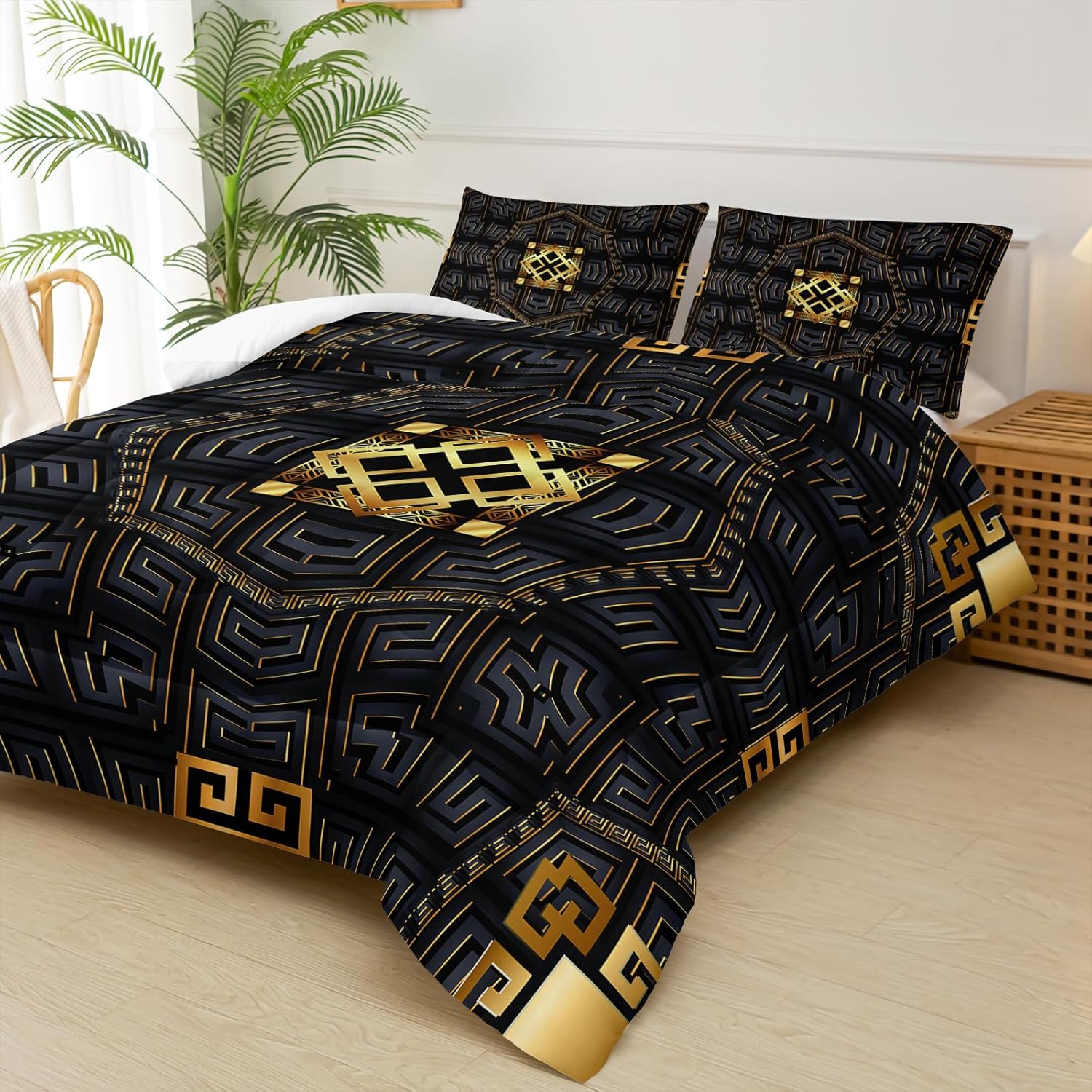 Black Gold Plaid Comforter Set Queen Size