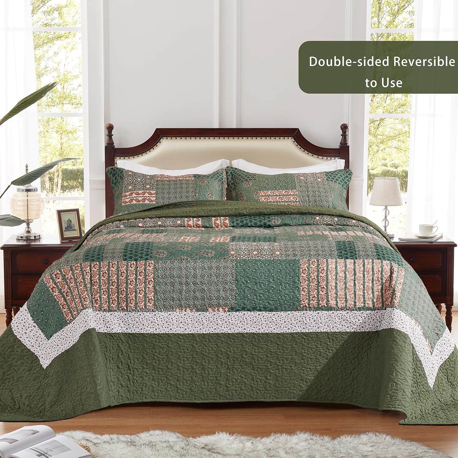LEAONME 3-Piece California King Quilt Set Olive Green 1