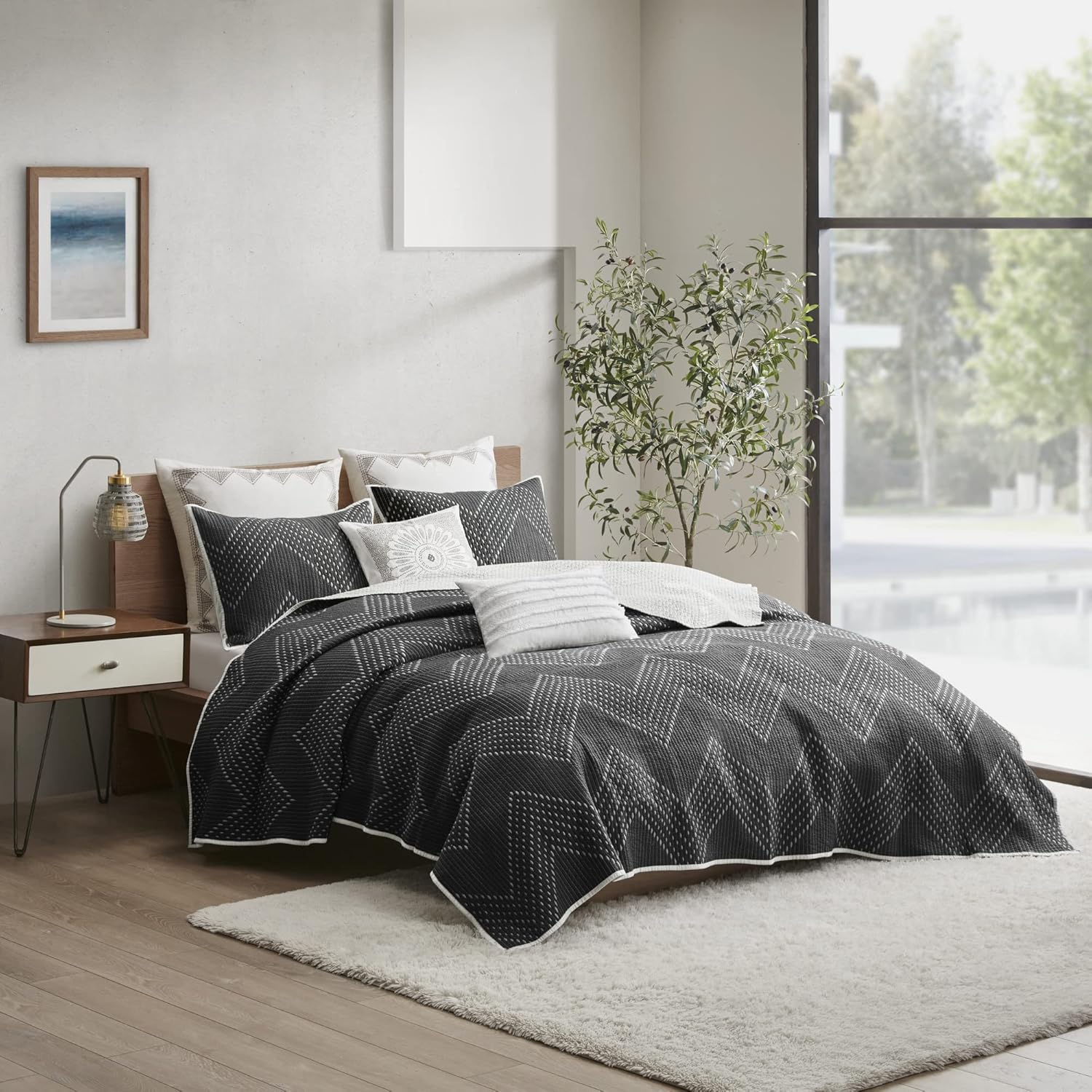 INKIVY Reversible Chevron Cotton Quilt Set - 3 Piece Black FullQueen