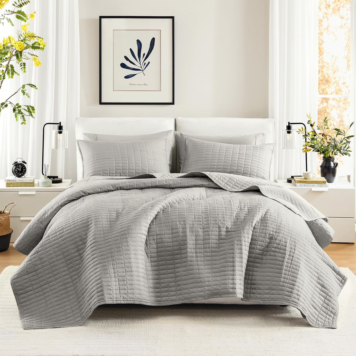 Comfort Spaces Kienna Quilt Set - Grey Lightweight Double Sided 3 Piece