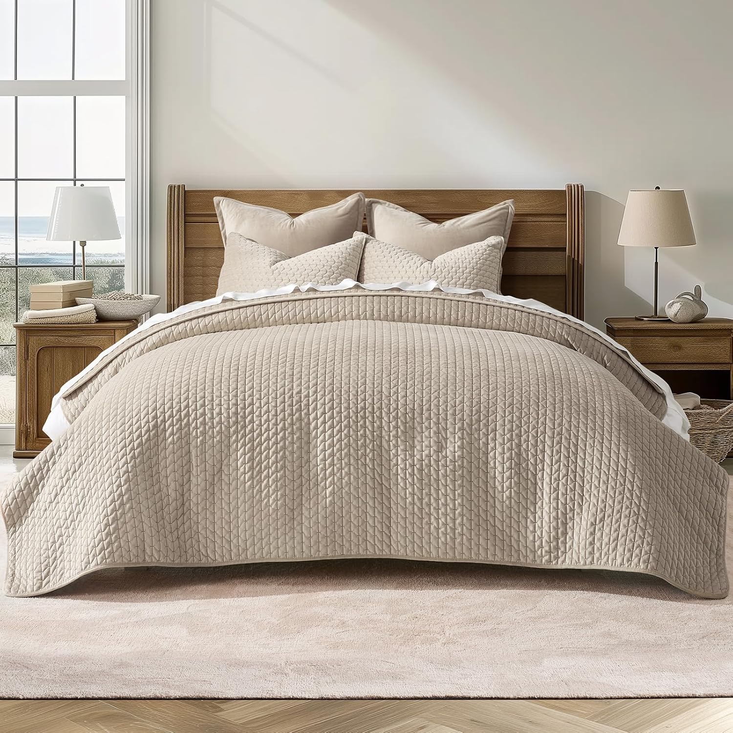 EVERGRACE Velvet Quilt Set King Size 3 Piece Light Taupe