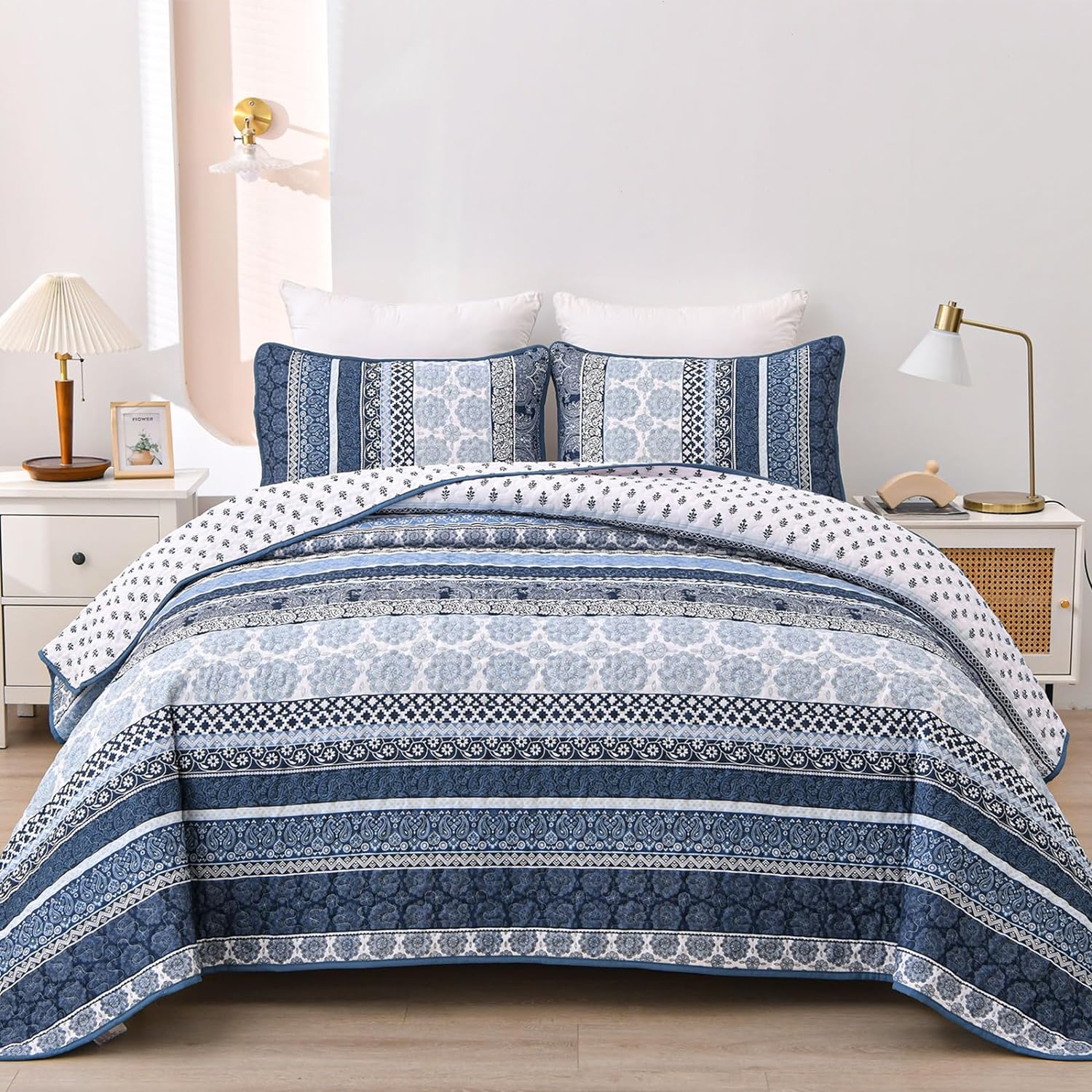 WONGS BEDDING Navy Blue Boho Queen Quilt Set 3pcs