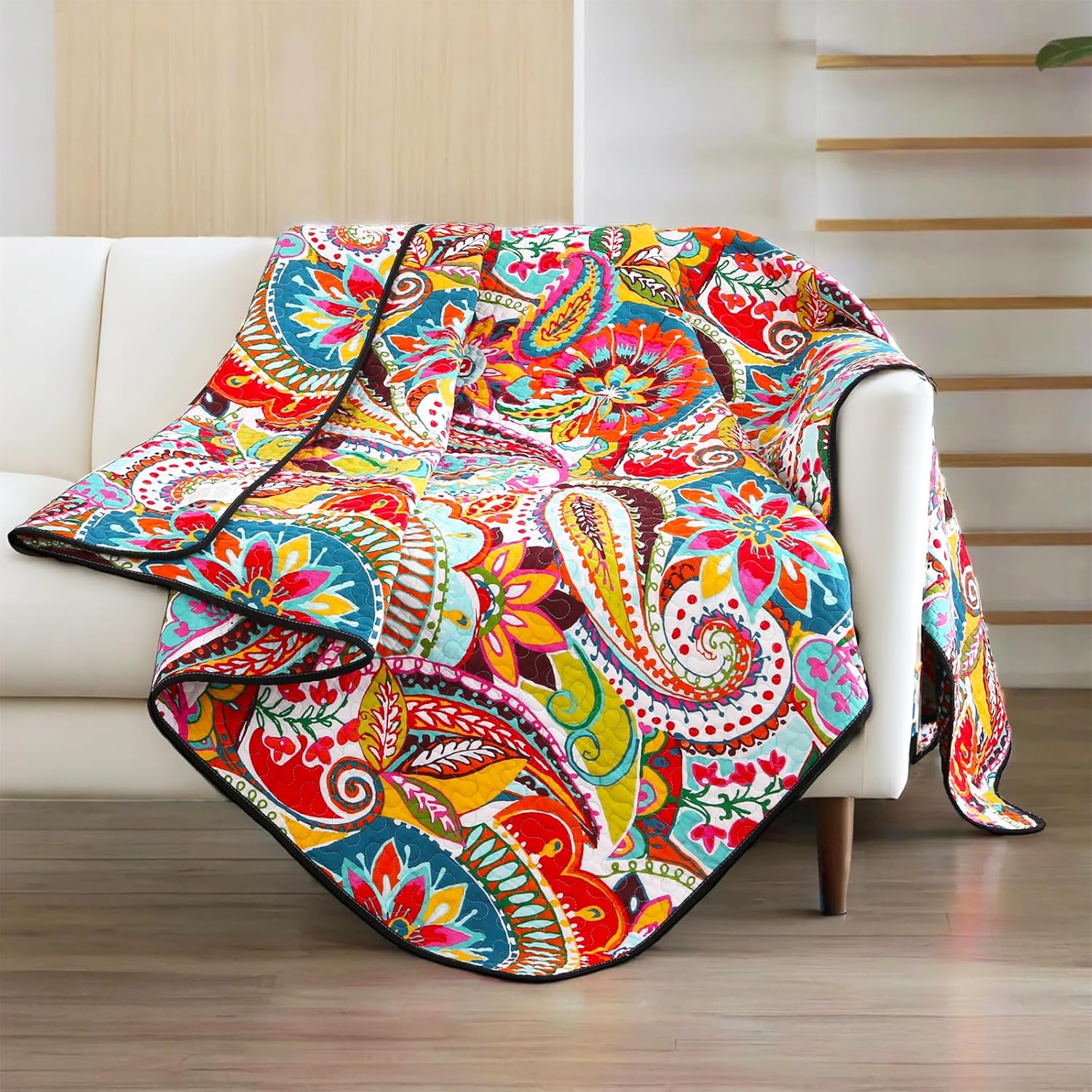 Qucover Reversible Paisley Throw Blanket 59x79 Cotton Quilt