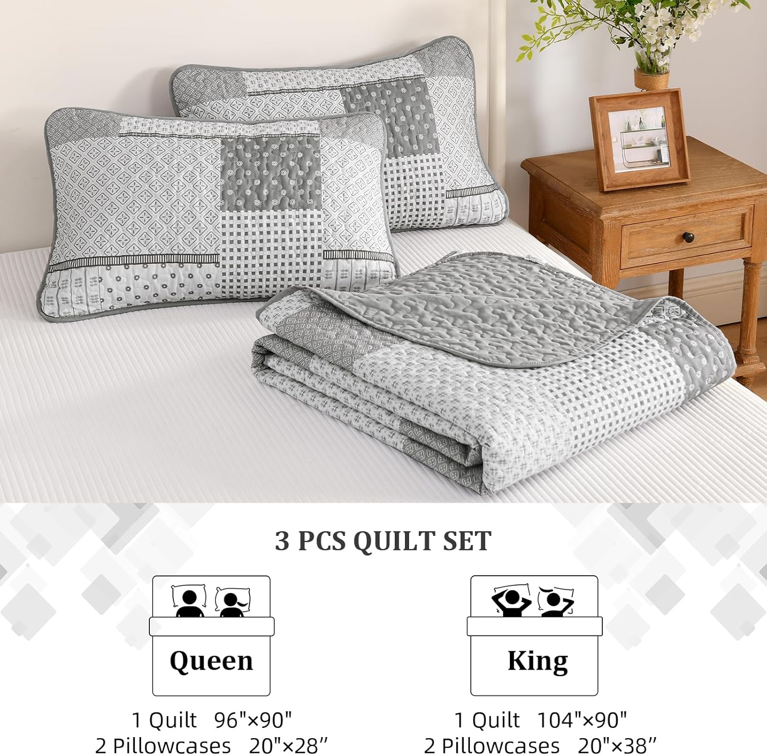 WONGS BEDDING 3 Piece Quilt Set Queen Size Grey