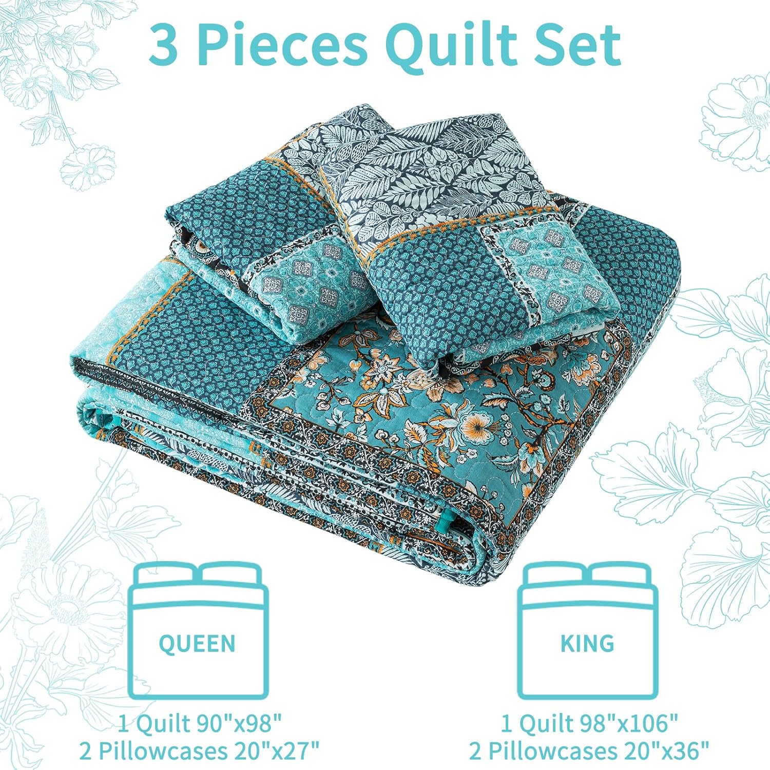 VAPUTAR Queen Size Quilt Bedding Set - 3 Piece Teal Green Chic