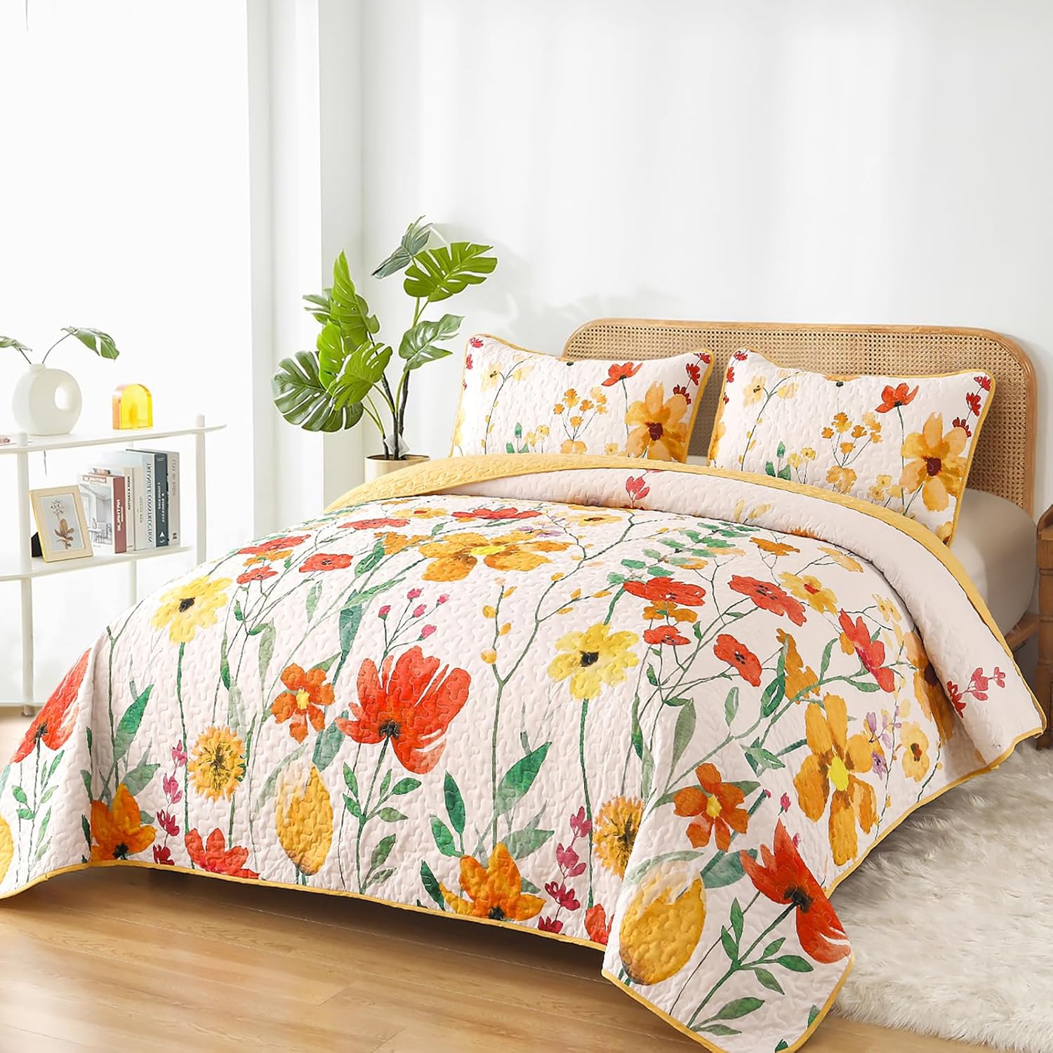 Anibedding Yellow Floral Quilt Set King Size