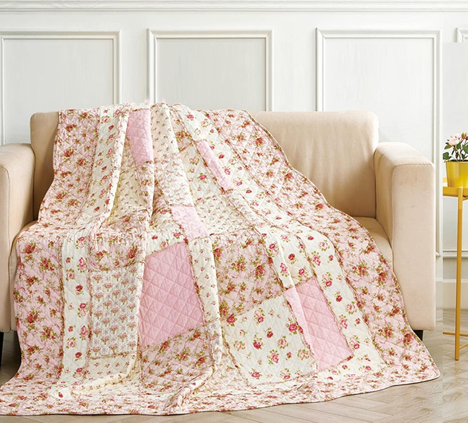 Cozyholy Pink Floral Patchwork Quilt Full Queen