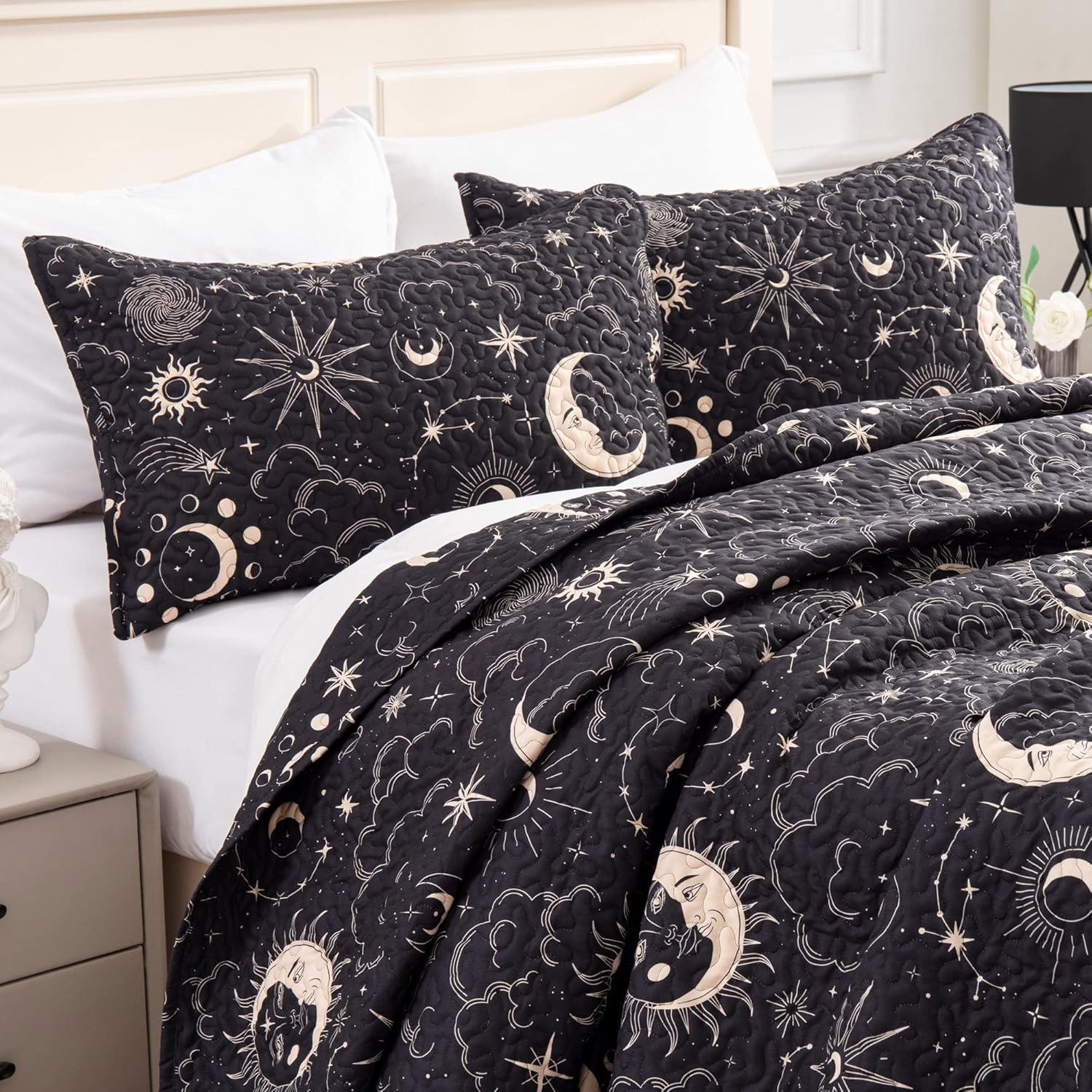 EXQ Home Quilt Set Full Queen Black Starry Pattern 3 Piece
