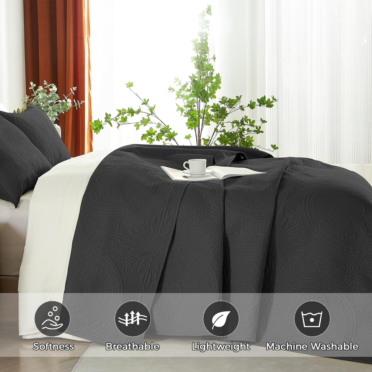 WURUIBO Full Queen Quilt Set Black