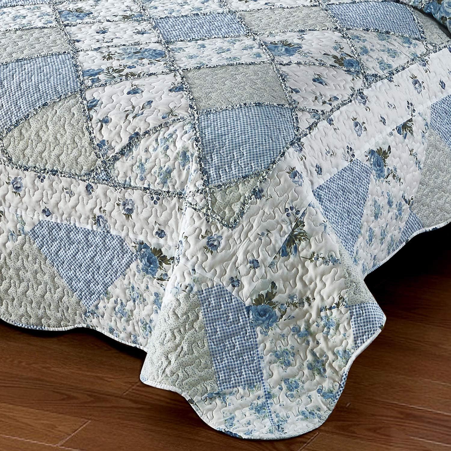 VIVILINEN Blue Floral Patchwork Quilt Set King Size Reversible