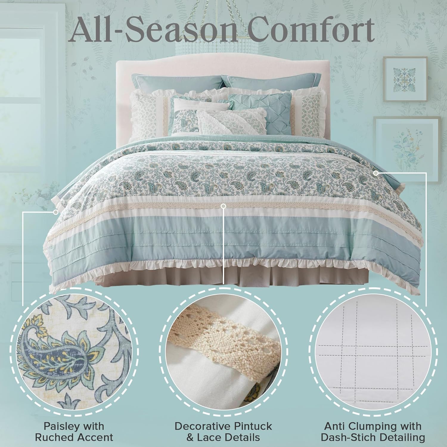 Madison Park Dawn 9-Piece Cotton Comforter Set - Shabby Chic Design Aqua