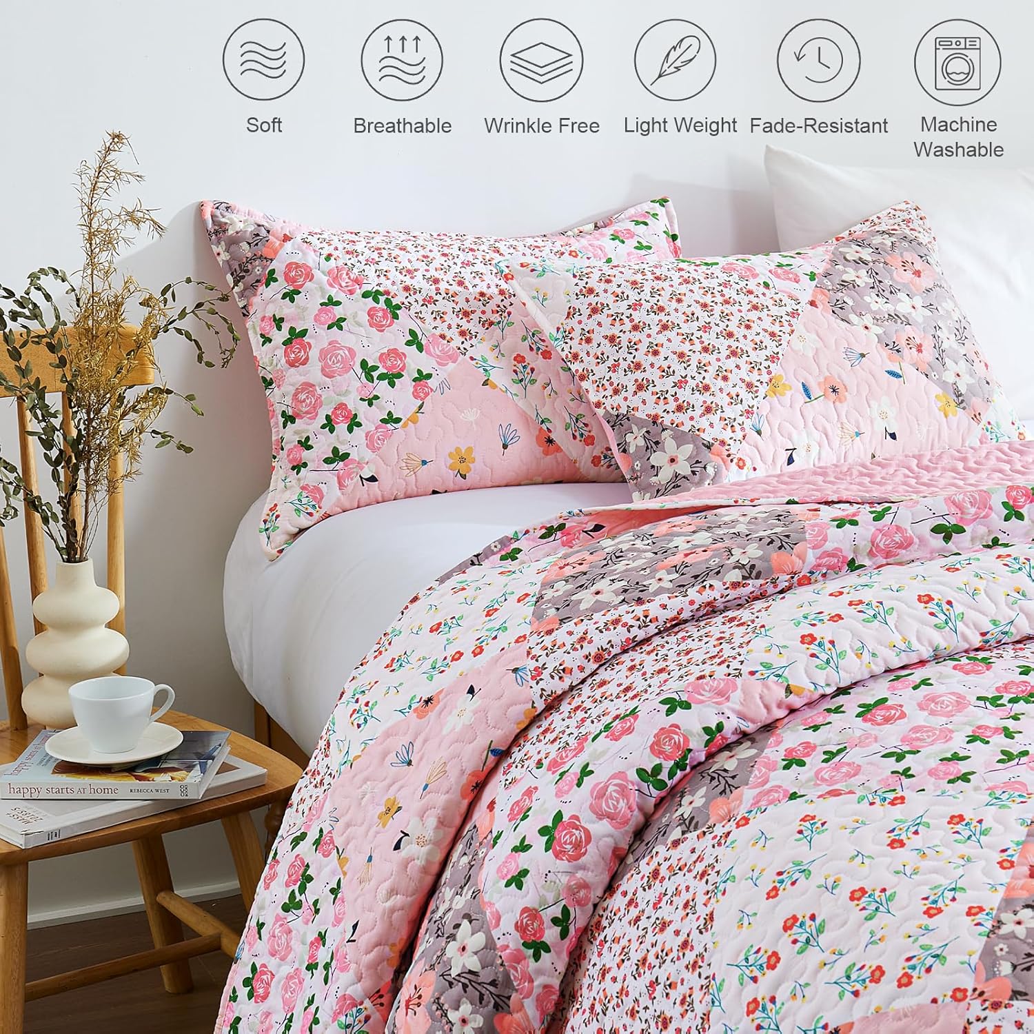 Whale Flotilla Reversible Patchwork Quilt Set Queen Size Pink