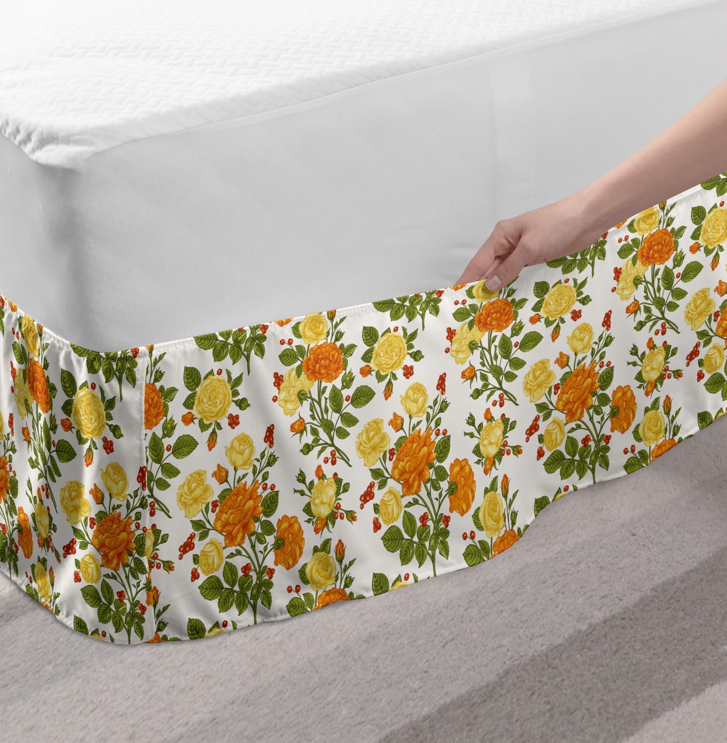 Lunarable Floral Bed Skirt Dark Orange Yellow Green