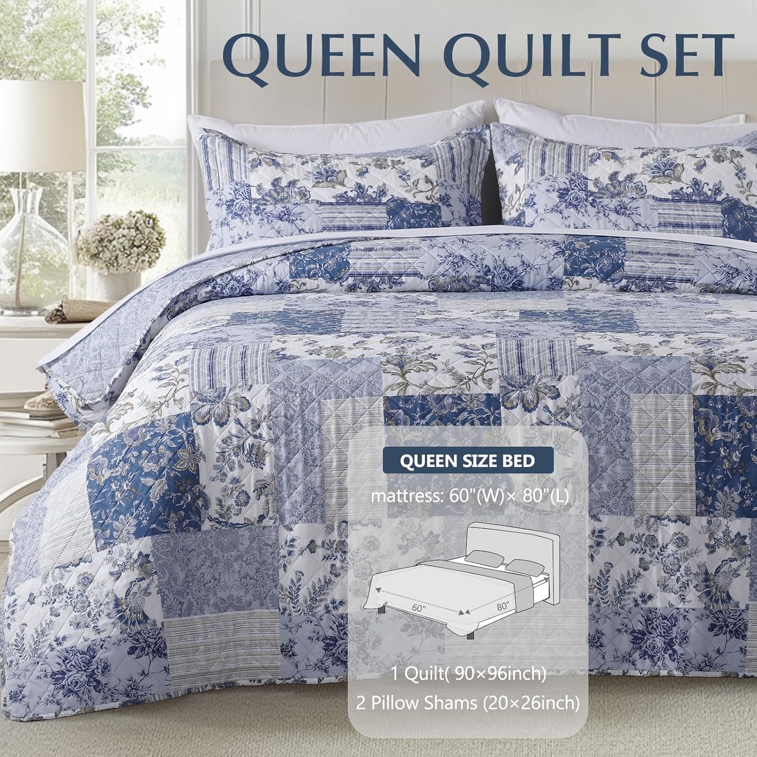 GOONE Blue Floral Quilt Set Queen
