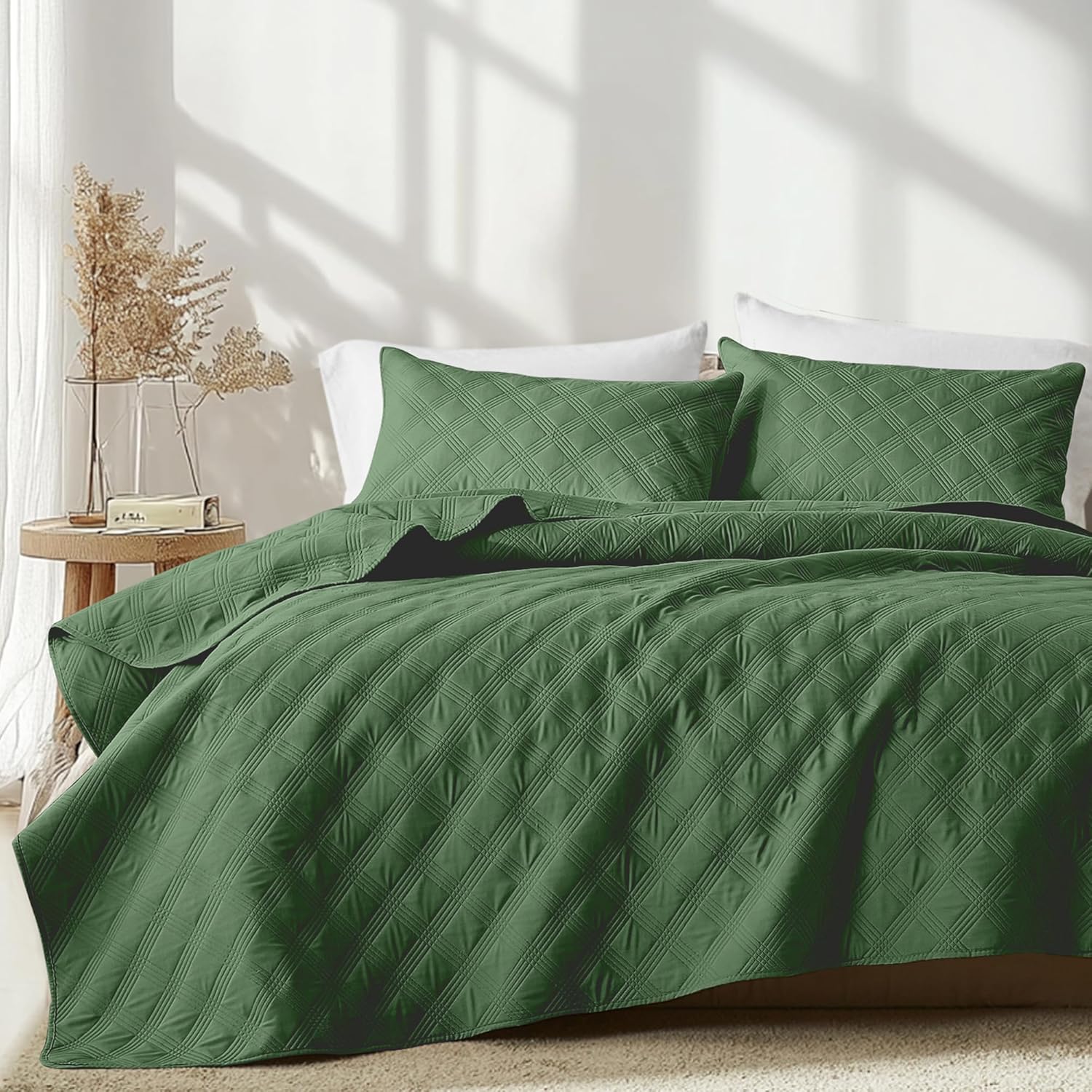 Inron King Size Quilt Set Olive Green Microfiber