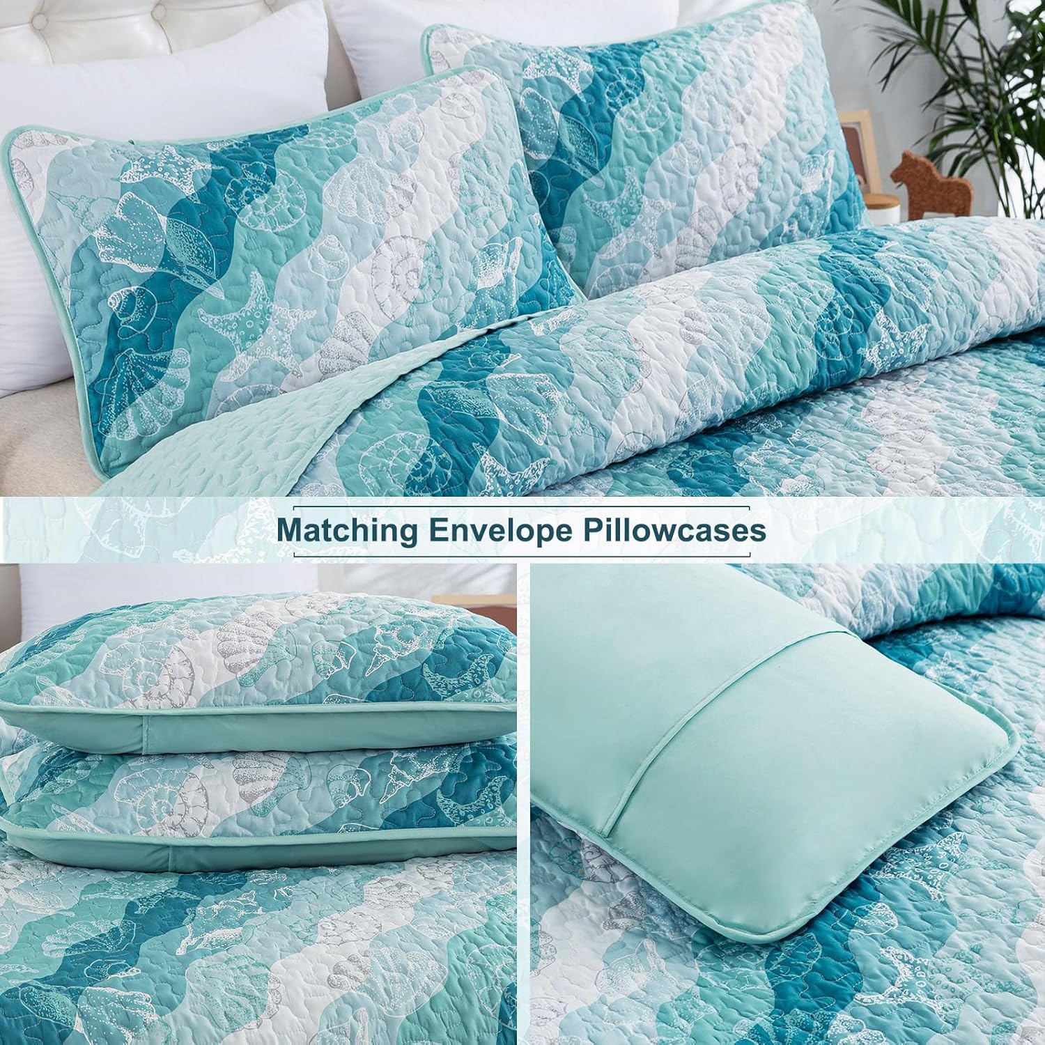 Dinjoy Coastal Blue Green Queen Quilt Set