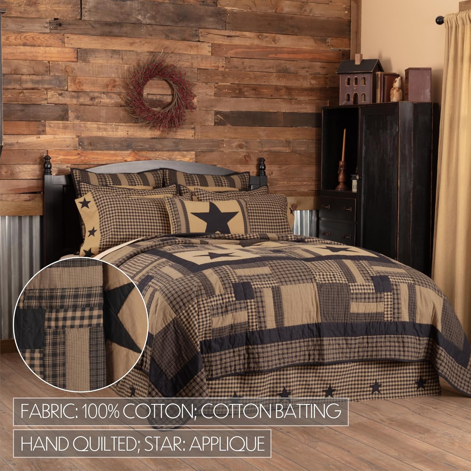 VHC Brands Black Check Star Queen Quilt Set
