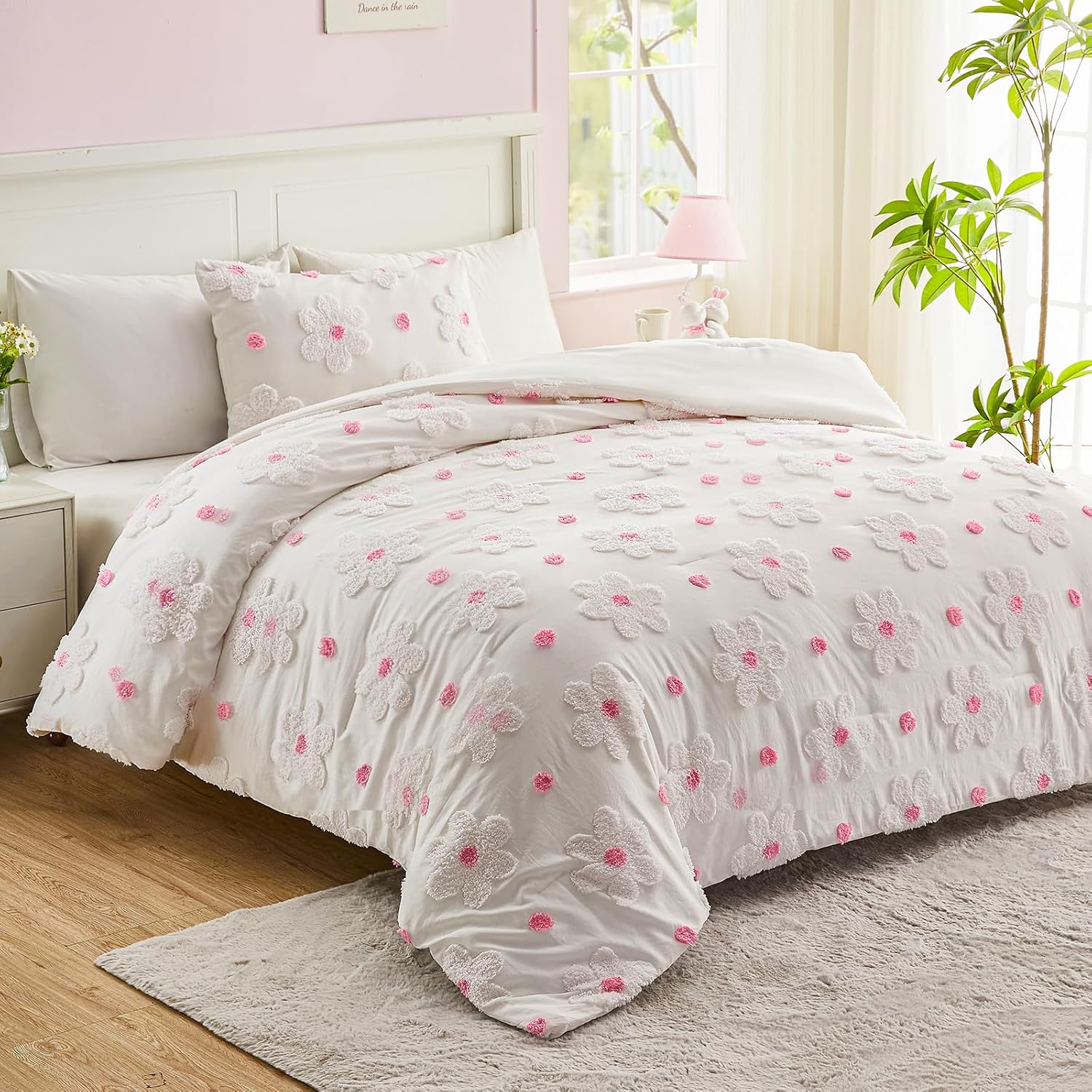VIVILINEN Pink Floral Comforter Set for Girls 3-Piece
