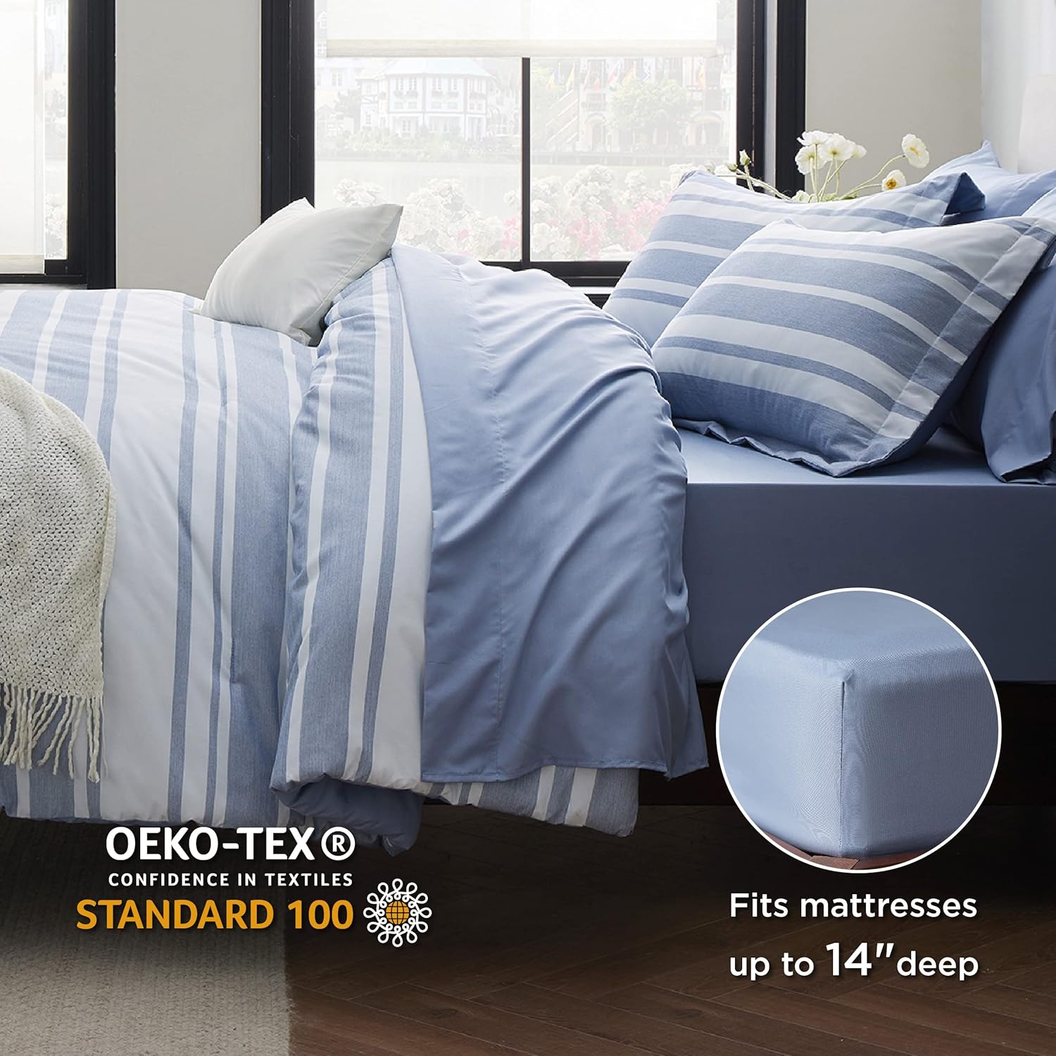 Bedsure Full Comforter Set 7 Pieces Blue Striped