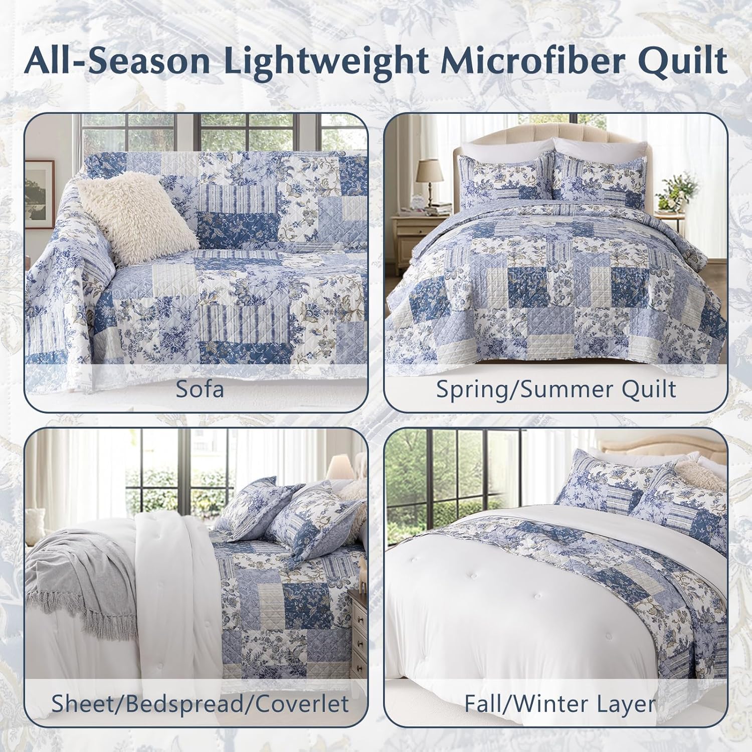 GOONE Blue Floral Quilt Set Queen