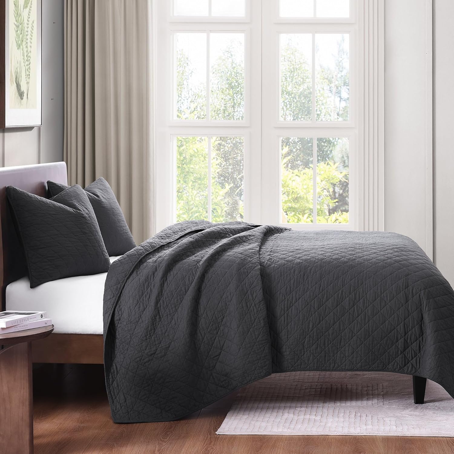 Indigo Hill 3-Piece King Quilt Set - Charcoal Cotton Shabby Chic