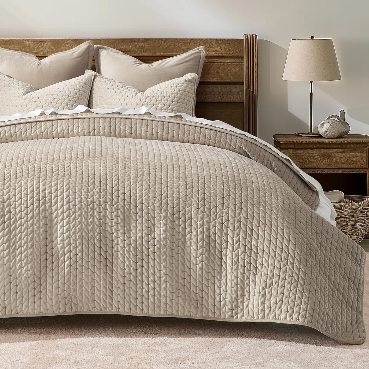 EVERGRACE Velvet Quilt Set King Size 3 Piece Light Taupe