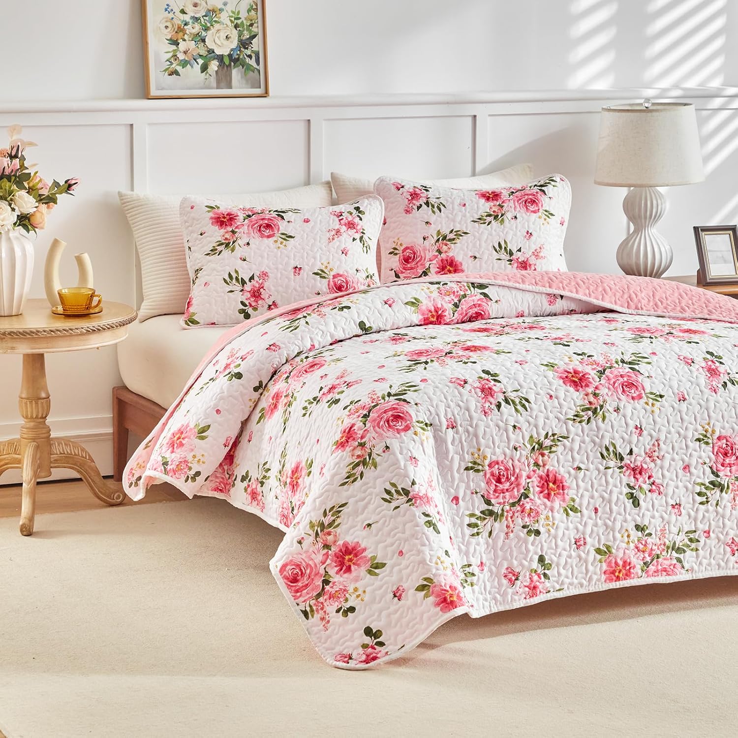UOZZI BEDDING 3 Piece Reversible Flower Bedspread Set