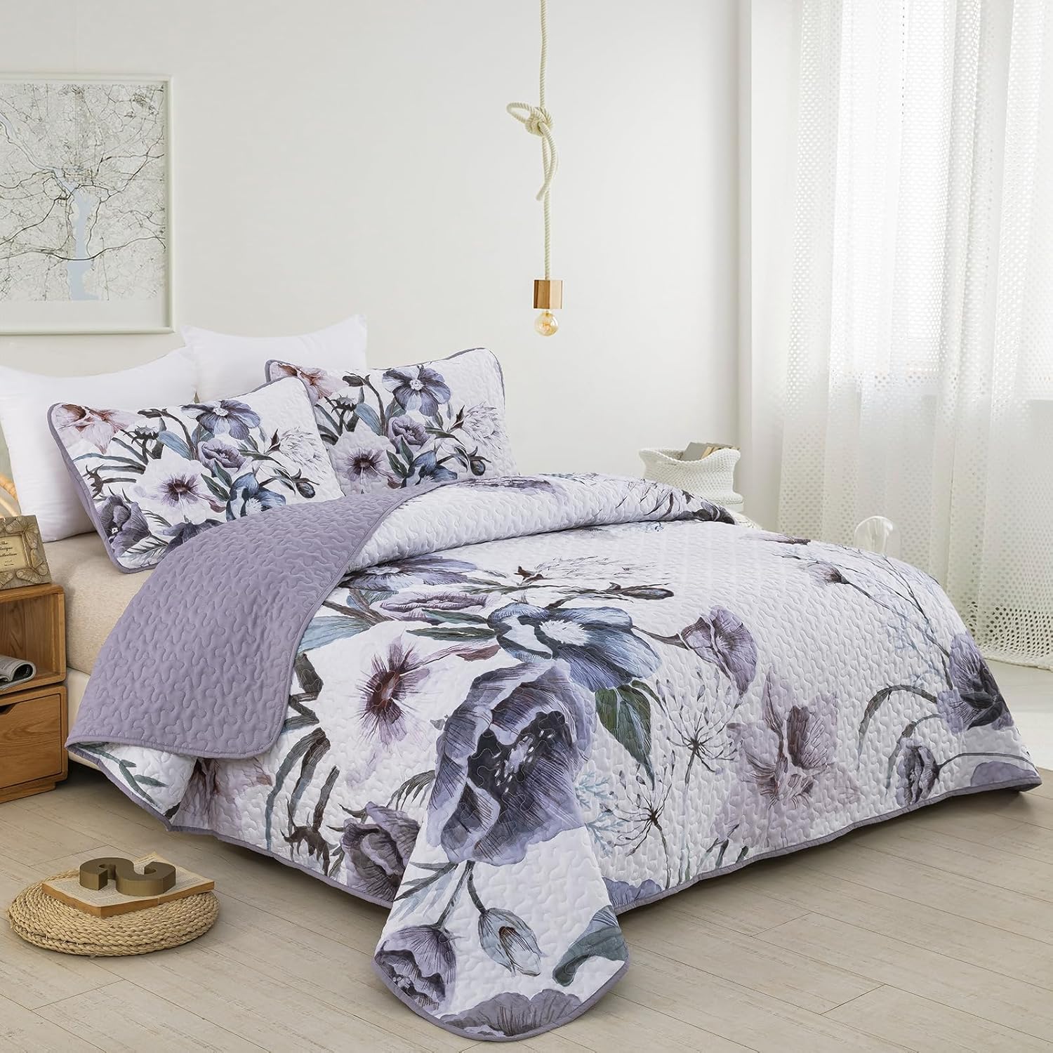 Drucon Purple Floral Quilt Set Queen 3 Pieces