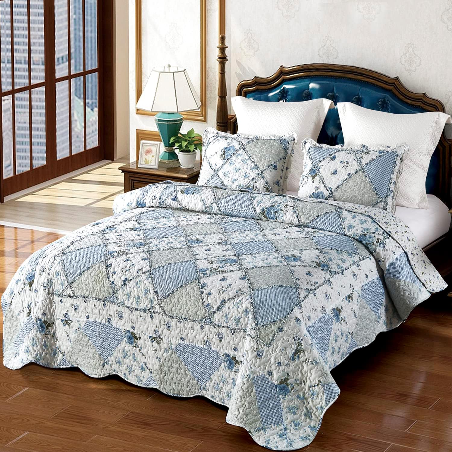 VIVILINEN Blue Floral Patchwork Quilt Set 3 Piece