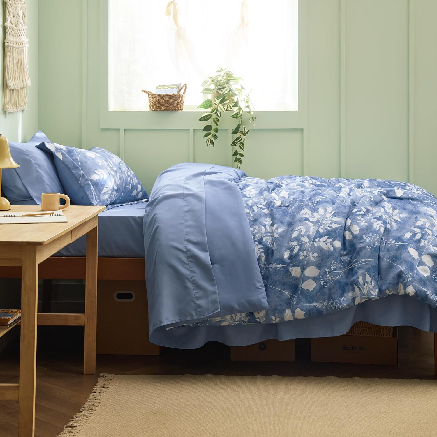 Bedsure Blue Twin XL Comforter Set 5 Piece Floral Bedding
