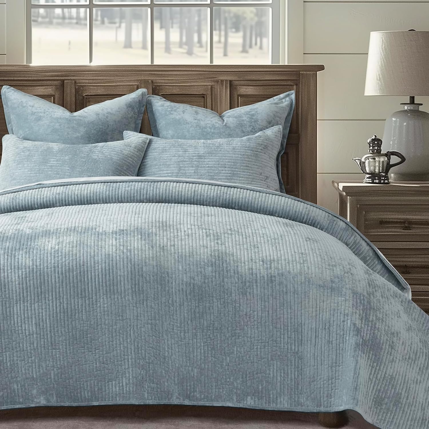 EVERGRACE Velvet Quilt Set King Size - Blue Linen