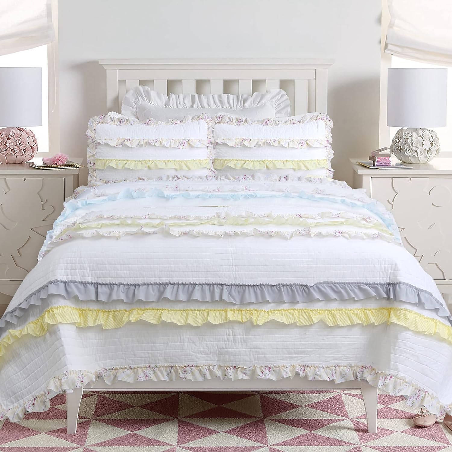 Cozy Line Light Yellow Blue Ruffle Stripe Quilt Bedding Set Queen 3 Piece