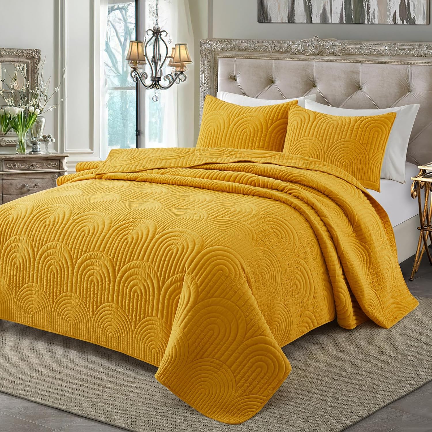 Safonory Mustard Yellow Quilt Set Queen Size